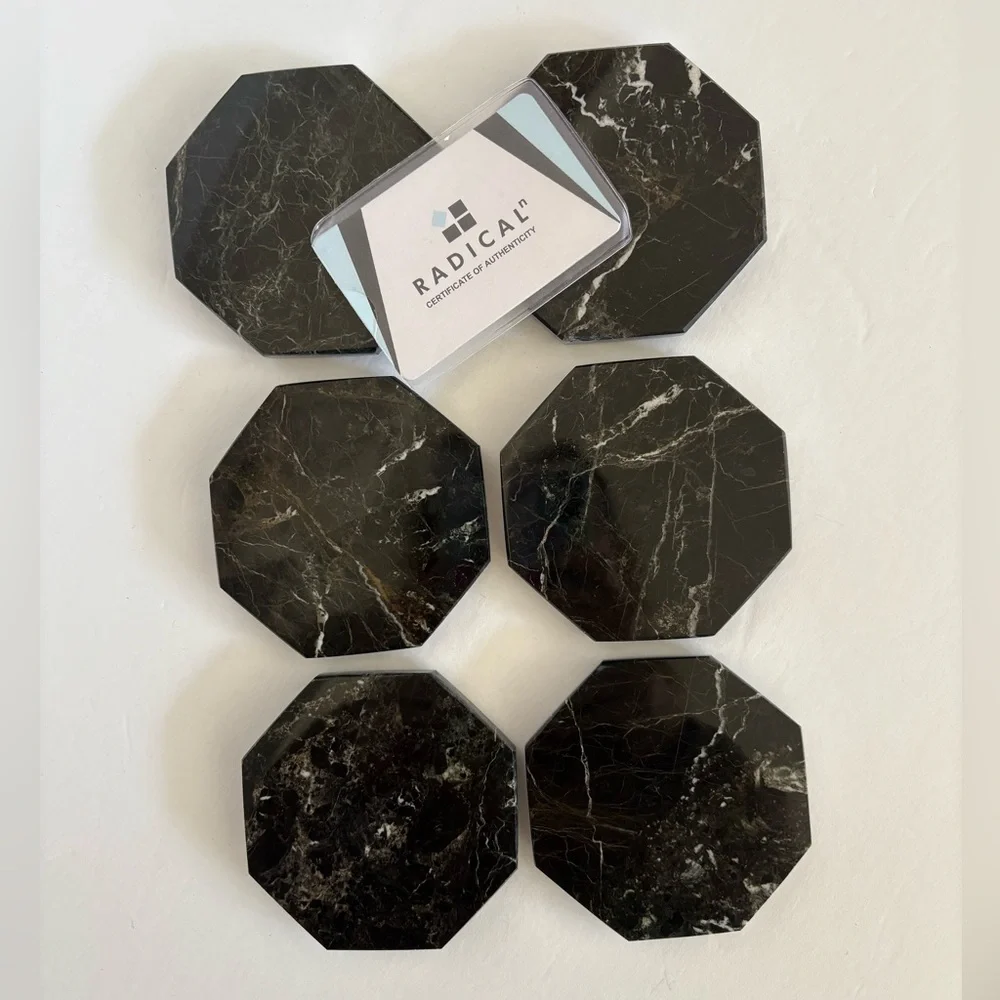 Radicaln $65 Natural Marble Coasters Set 6 Black White Padded Hexagon OS